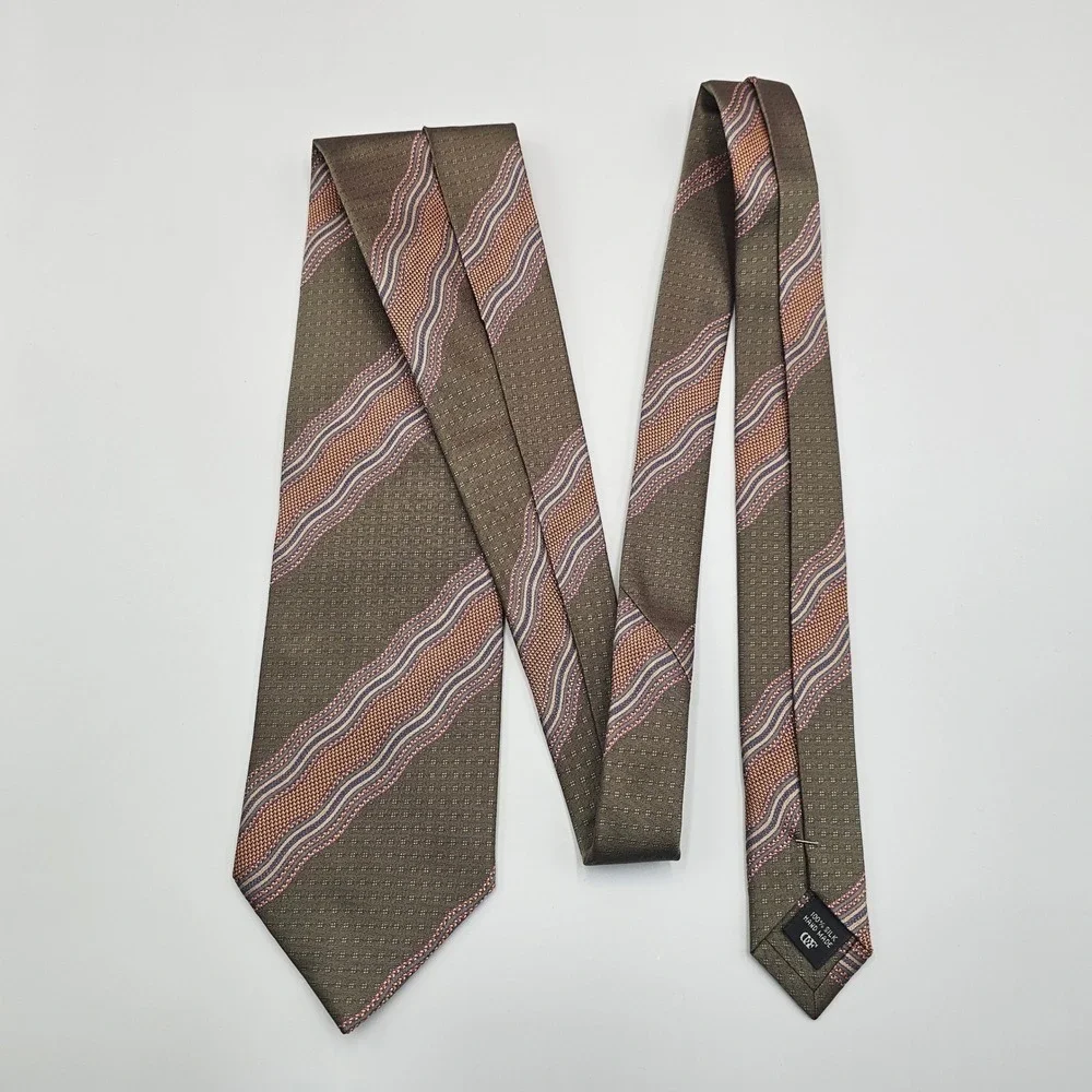 Daniel De Fasson Silk Tie Mens Brown‎ Earth Tone Wavy Stripe Geometric Handmade